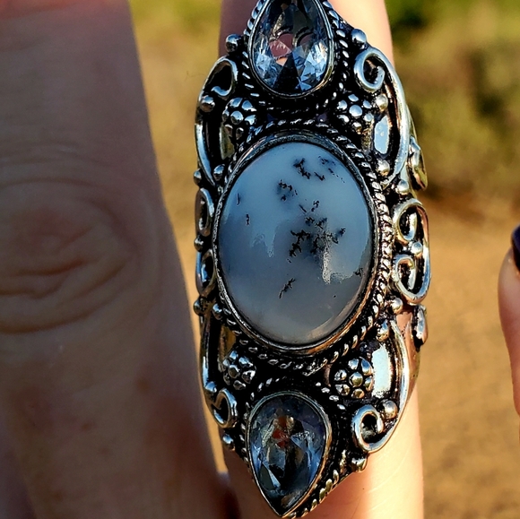 New Dendritic Opal & White Topaz 925 Silver Statement Ring. - Picture 13 of 14